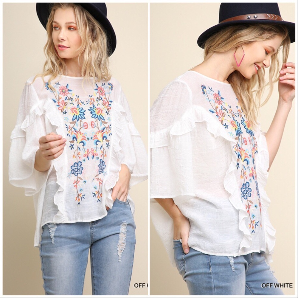 Floral Embroidered Wide Sleeve Top, Off-White